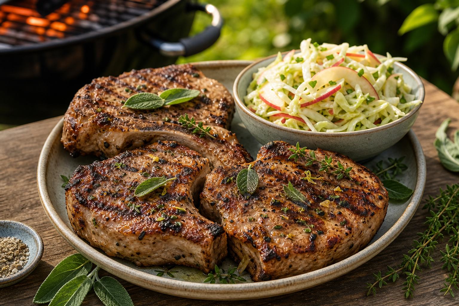 Herby British Pork Chop Steaks with Apple Slaw