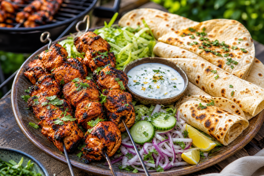 Smoky tikka chicken skewers with chapati wraps on a BBQ