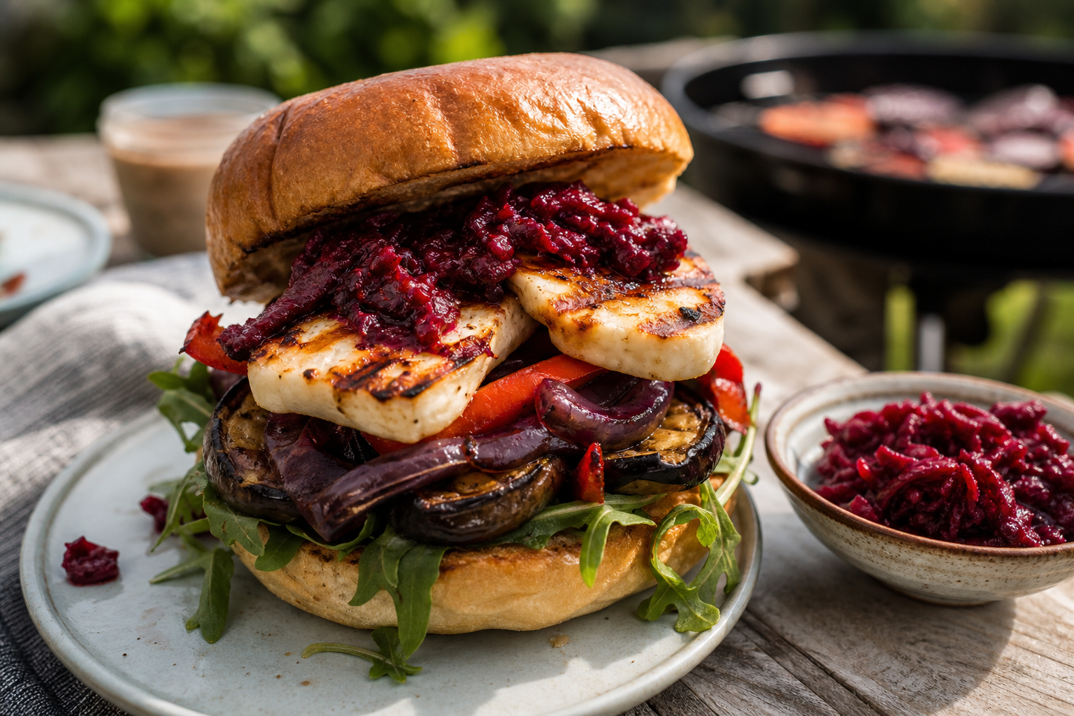 Smoky Veg & Halloumi Burger with Beetroot Relish
